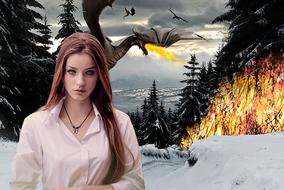 mystical image of a girl and a fire-breathing dragon in the winter forest