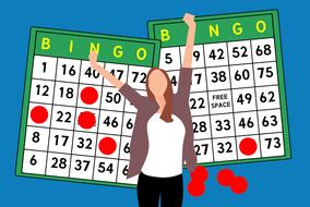 silhouette of happy woman on the background of lottery tickets