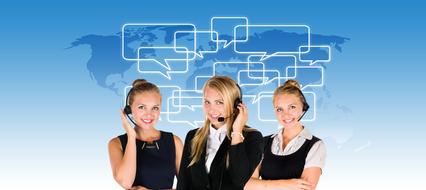 Call Center, three young girls with Headsets