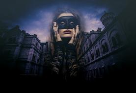 Woman in black mask at Gothic Castle, digital art