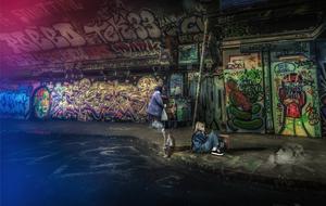 homeless people at grunge wall with graffiti, digital art