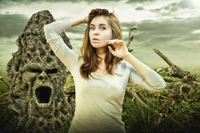 frightened woman at fantasy background, digital art