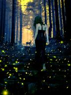 girl walking away in forest among lights, digital art