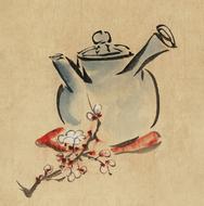 drawn teapot and sakura branch