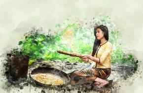 Beautiful and colorful painting of the Asian woman in the colorful forest, clipart