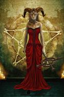 demon, horned woman in long dress, digital art