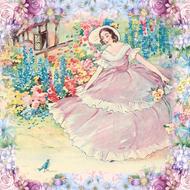 vintage drawing, lady in pink dress looking at bird in garden