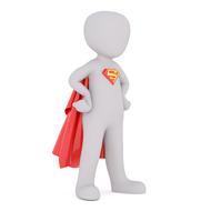 White figure of the Supermen with logo and red cape at white background
