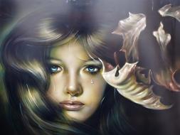 beautiful girl crying, digital art
