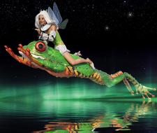 winged girl riding Frog, Fairytale, collage