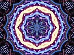 mandala, colorful drawing with blue flower in center