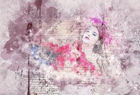 Drawing of the beautiful, vintage collage with a woman with flowers, text and colorful paint splatter