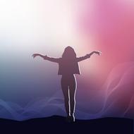 silhouette of a girl with raised hands on a pink-blue background