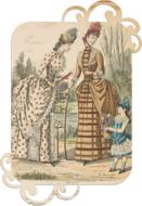 two ladies and child girl, vintage fashion, dress tag, cutout