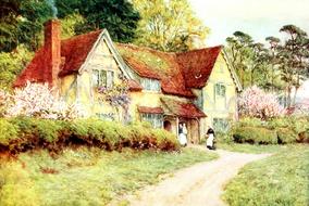 victorian village house in garden, painting by helen allingham