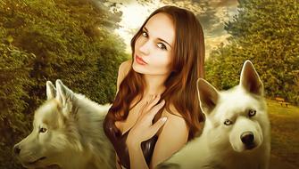 woman and dogs advertising banner