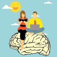 imagination, cartoon woman and man sit on human brain