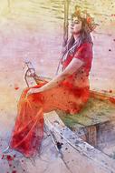 watercolor painted girl sitting on a boat
