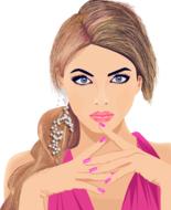 Beautiful drawing with the portrait of a beautiful girl with pink lips and nails, in pink dress