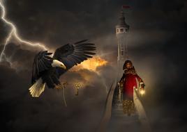 Beautiful, flying bird near the girl in red cloak, among the clouds, on clipart