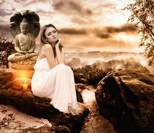 young pretty Woman sits on stone in front of Buddha statue, collage