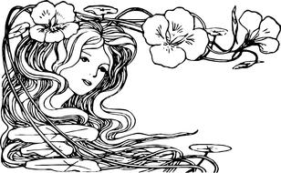 Beautiful, black and white drawing of the girl, in the vine and flowers, clipart