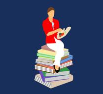 woman sits at top of book stack drawing