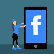 girl holding giant smartphone with facebook logo on screen, drawing