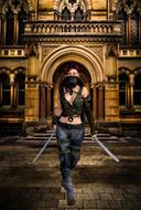 warrior, sexy woman with two swords at gothic building, digital art