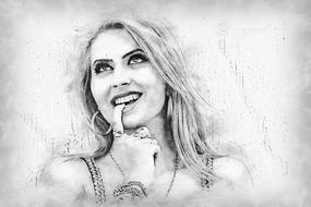 black and white portrait of a smiling girl with a finger in her mouth