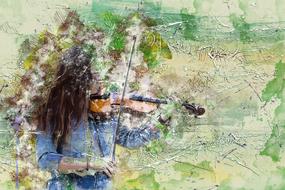 woman with violin in watercolor painting