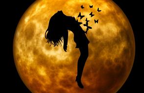 Black silhouette of the woman with butterflies, at background with beautiful, yellow Moon