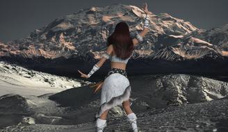 Back view of the beautiful girl, on the beautiful, snowy glacier, clipart