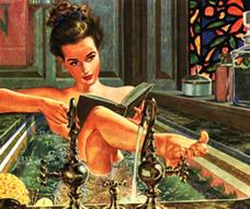 retro image of a girl reading a book in the bathroom