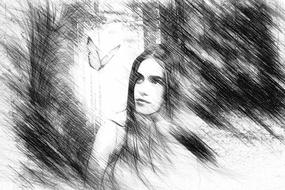 black and white sketch, mysterious girl on a background of trees