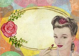 Beautiful, vintage drawing of the lady and floral frame with the pink rose flower