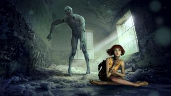 Cute, sitting girl and zombie, in the building, with light, clipart