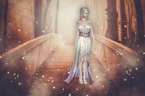 Beautiful princess in crown and colorful dress, on the bridge, among the trees, among the lights, clipart