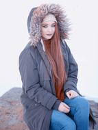 redhead woman in parka