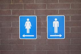 bathroom signs on the brick wall