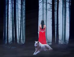 white wolf on the background of a girl in a red dress in a dark forest