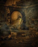 Woman in dress, walking among the old architecture, clipart