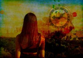 Back view of a girl, at background with colorful, dirty city and clock