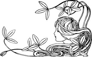 head of girl with flowers in hair, art nouveau style drawing