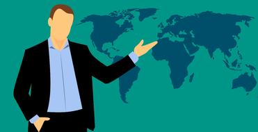 silhouette of a businessman showing a map of the world