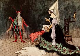 Colorful, vintage drawing of the woman and other creature, inside the building