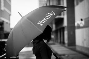 woman with umbrella with familyh word