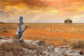 girl with guitar looking at house in Desert, collage