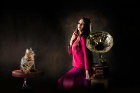 portrait of a cat and woman