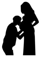 Silhouettes of a pregnant woman and man kissing belly, at white background, clipart